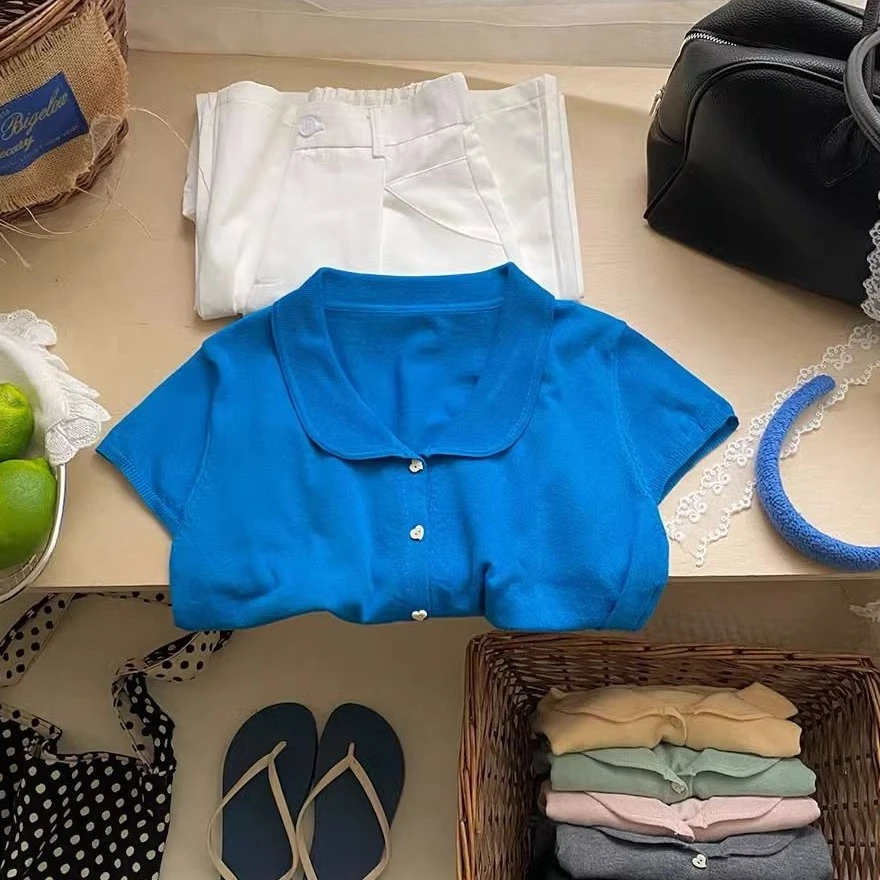 复古显白蓝色娃娃领短袖针织开衫女春夏减龄休闲洋气休闲甜美上衣