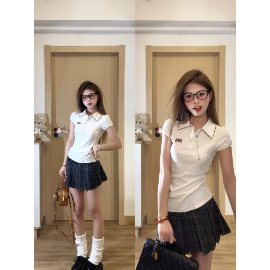 美式学院风polo领正肩短袖t恤女夏季甜辣妹独特漂亮掐腰显瘦上衣