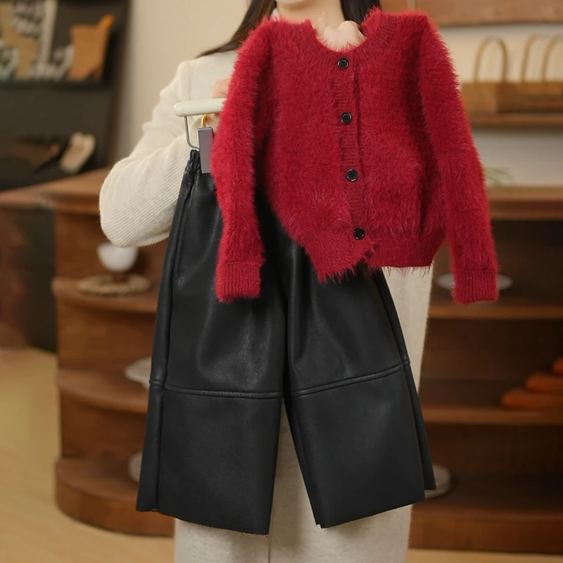 不加绒rt2532气质仿水貂绒软糯毛衣开衫2025春季新款时髦皮裤套装