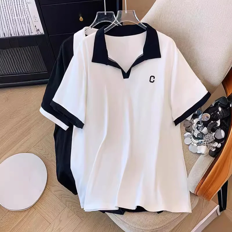 ZZ2654胖MM宽松显瘦正肩POLO领短袖T恤300斤大码女装