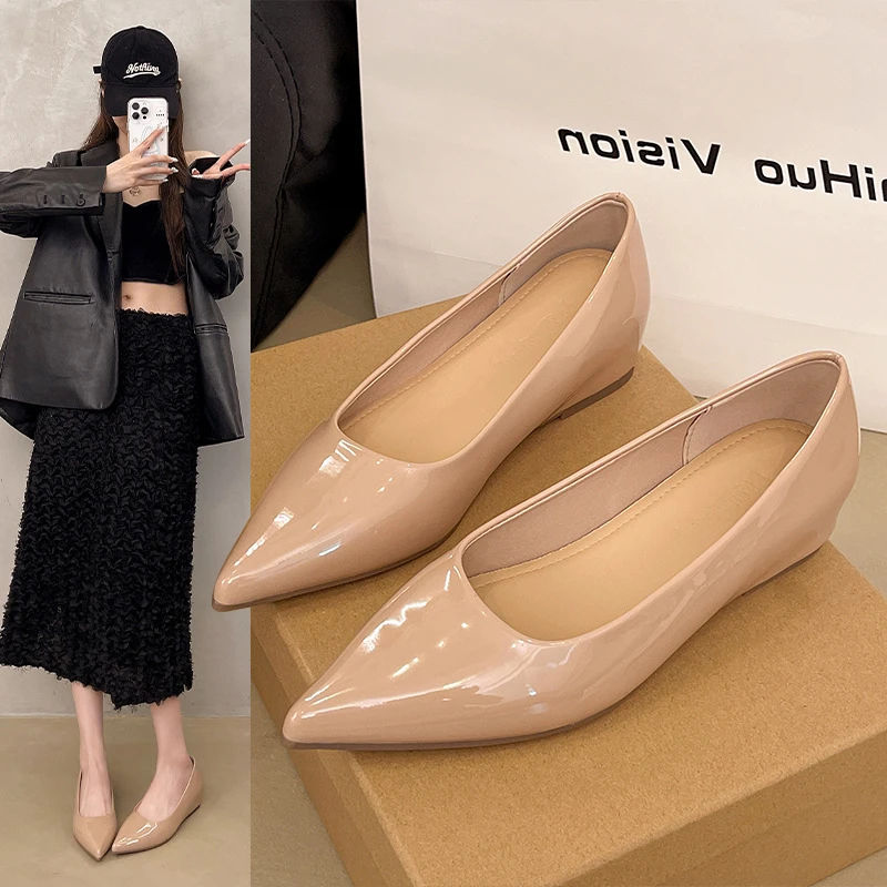 法式裸色内增高尖头平底鞋女2025年夏季新款浅口鞋子百搭通勤单鞋