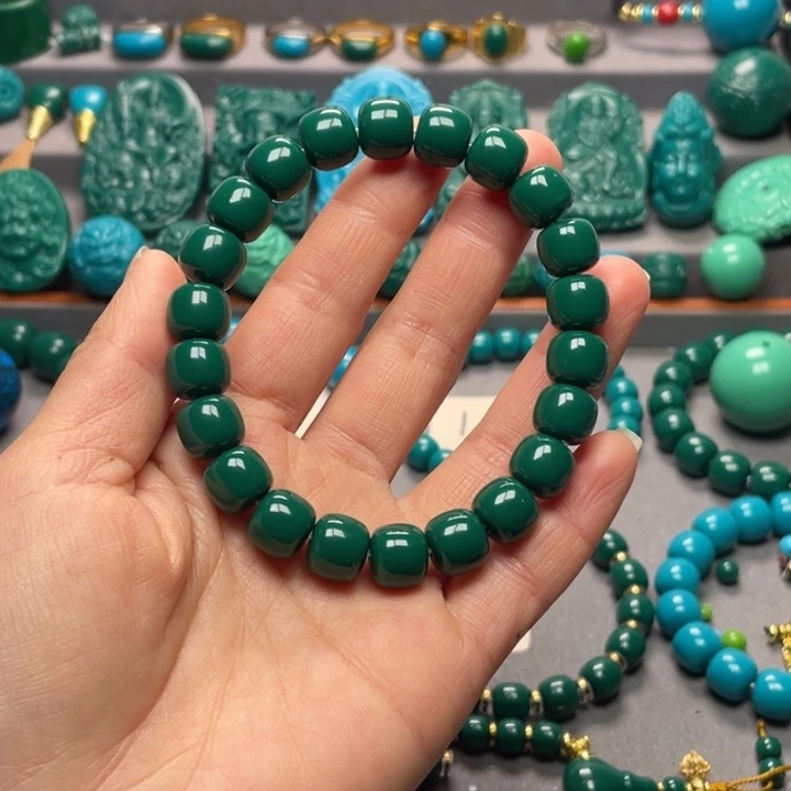 石材卡11老油绿老型手串（微瑕）