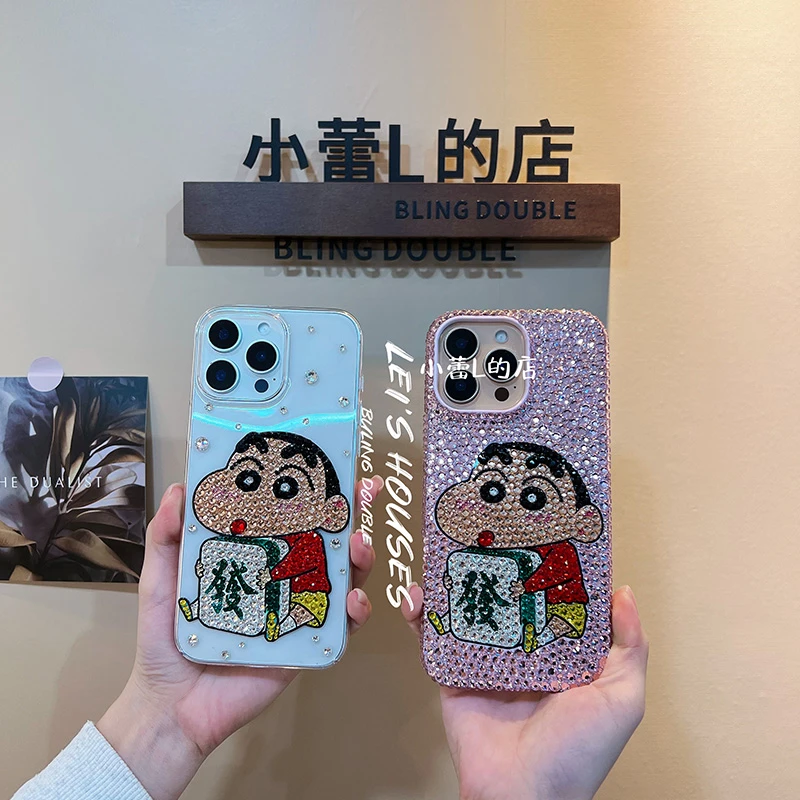 发财蜡笔小新水钻满钻手机壳适用16promax可爱15pro防摔17promax