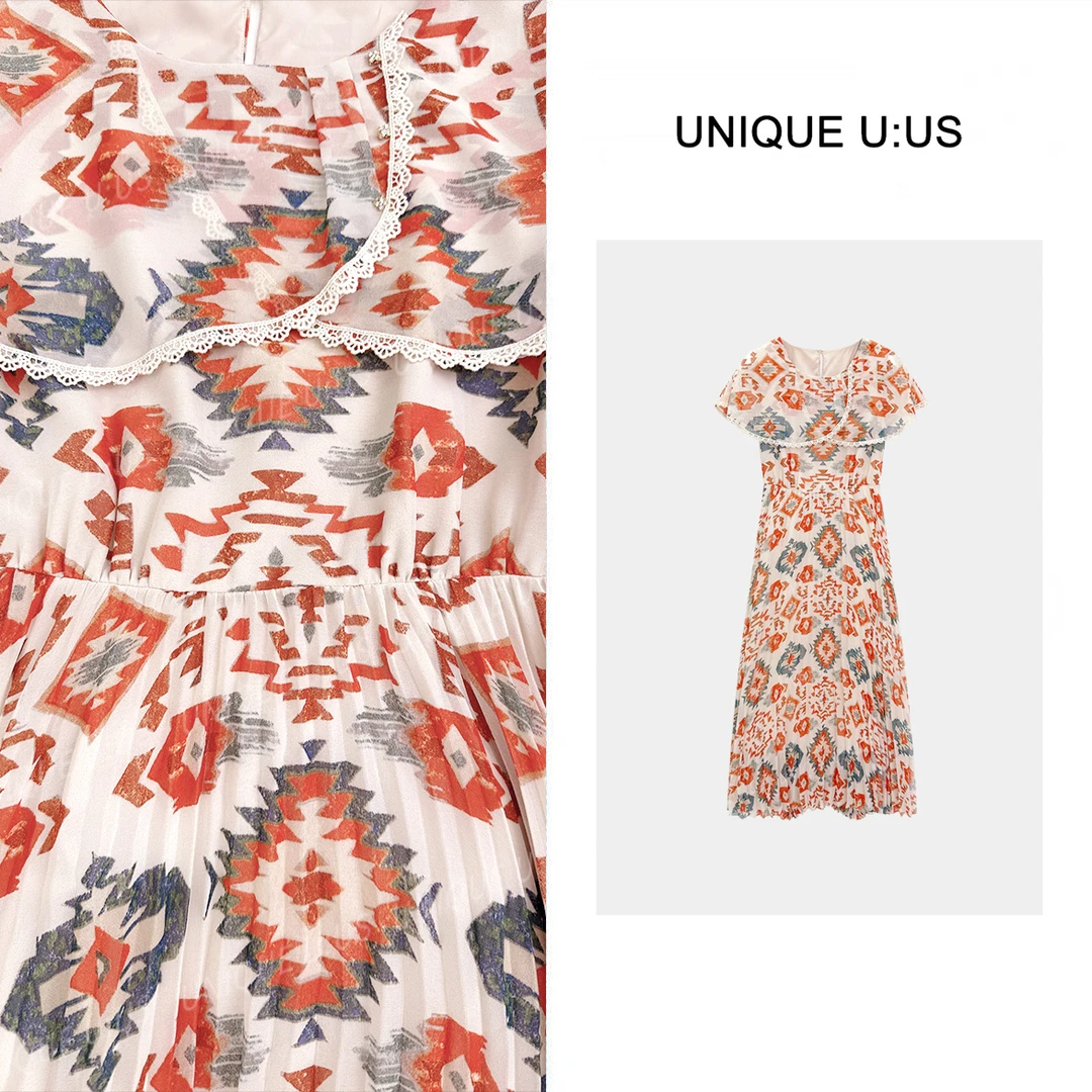 【林雪雪】夏日彩绘新款法式晕染减龄收腰显瘦优雅百搭连衣裙253205