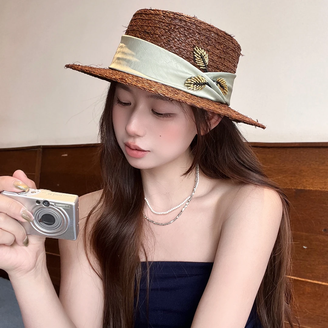 韩国拉菲草帽平顶帽子女2025新款夏季海边度假礼帽防晒遮阳太阳帽
