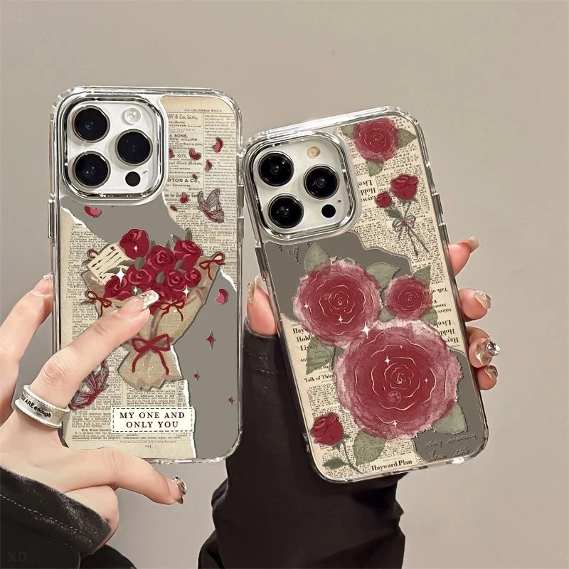 创意报纸玫瑰适用iPhone16/15promax手机壳镜面小众苹果14/13/12/