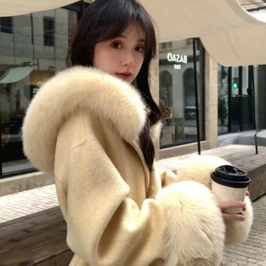 雪山连帽狐狸毛领双面羊毛大衣女2025春秋冬高级感小个子羊毛外套