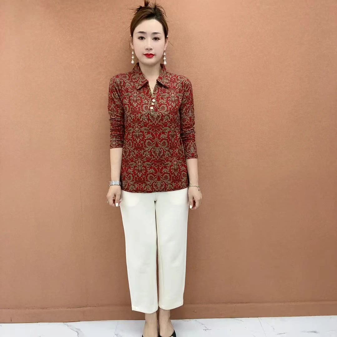 秋季立领碎花气质中老年女装打底衫洋气复古印花内搭妈妈装