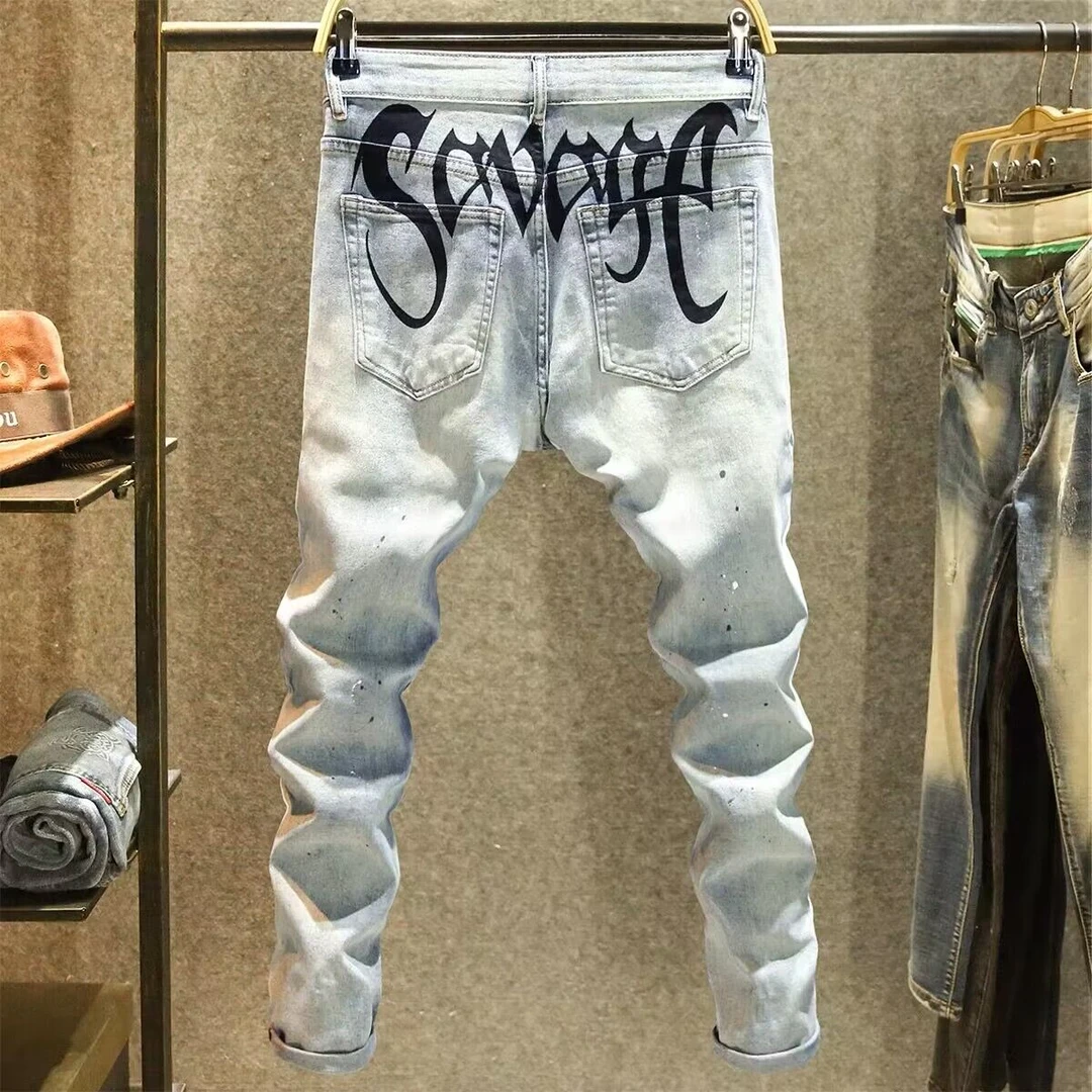 EAEOVNI高街泼墨牛仔裤男款潮牌个性印花修身长裤百搭休闲小脚裤