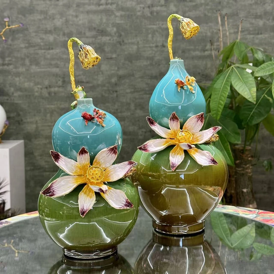 【摩登良品】新中式珐琅莲花陶瓷葫芦摆件客厅玄关高档装饰工艺品