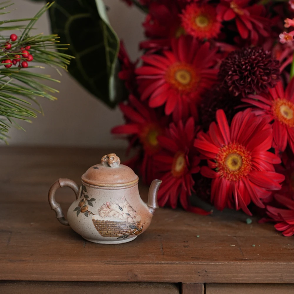 《预售》树见造物×余飞洋 | 《柴烧大漓-摇篮猫》泥绘 紫砂 茶壶