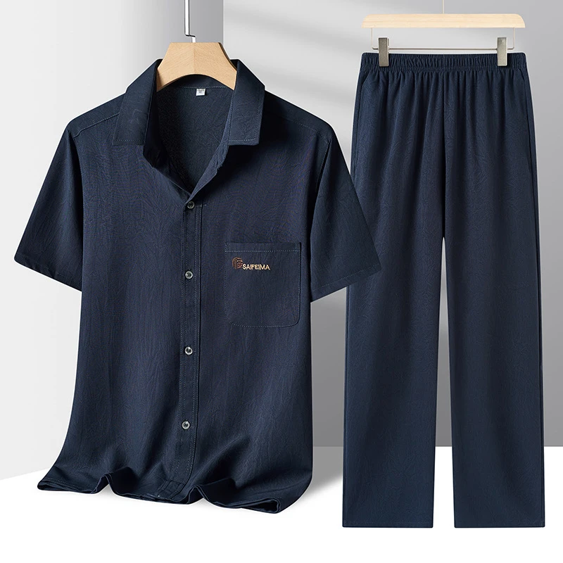 短袖衬衫男士夏季套装中老年人冰丝衬衣半袖薄款爸爸夏装爷爷衣服