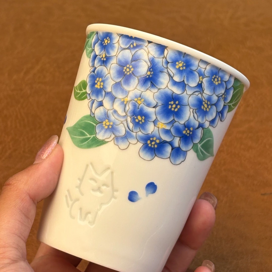 G3949-玲珑小猫蓝色绣球花可乐杯