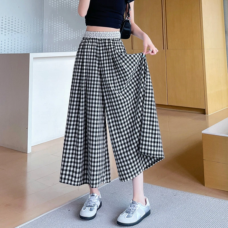 黑白格子休闲阔腿裙裤女夏季薄款2025年高腰八分宽松显瘦直筒宽松