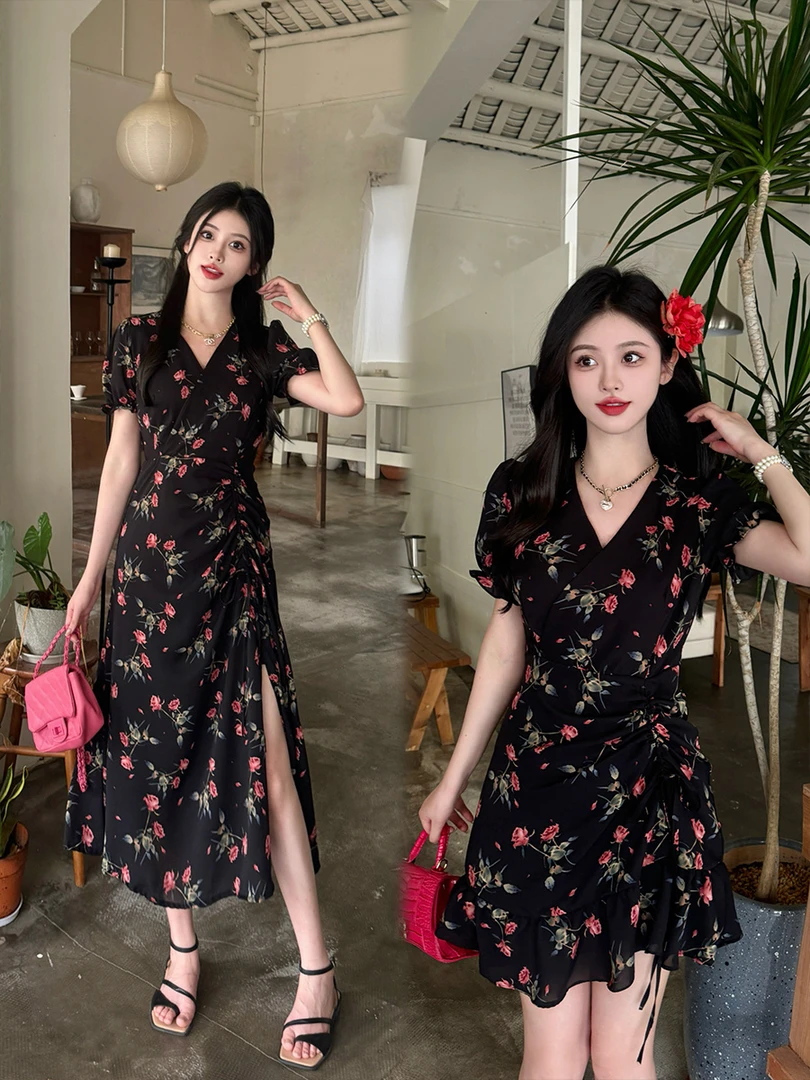 2025大码女装茶歇法式碎花鱼开叉显瘦连衣裙藏肉收腰连衣裙