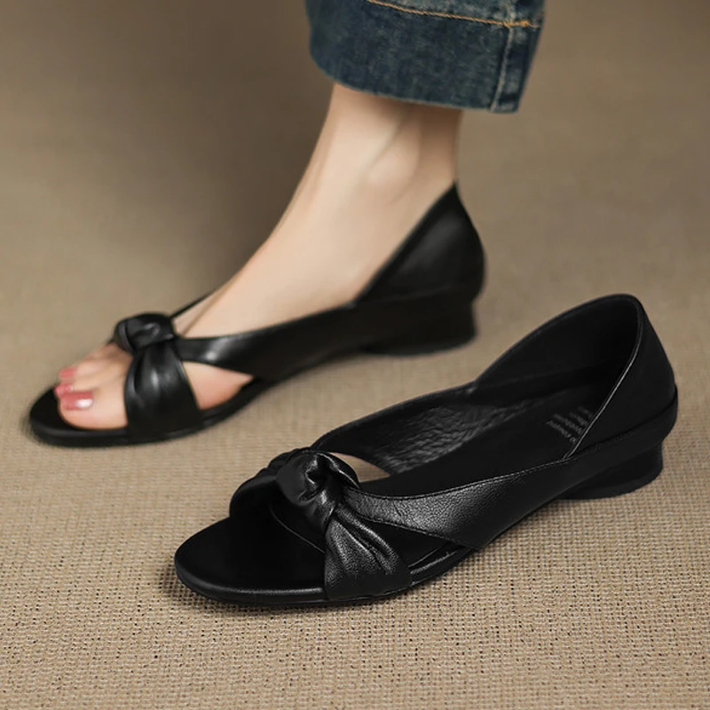 真皮法式镂空露趾凉鞋女明星同款百搭鞋编织休闲淑女平底仙女鞋子