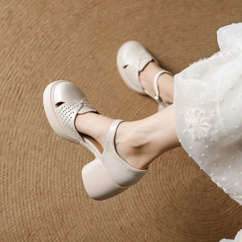 羊皮 8厘米 34-40 白色百搭夏季真皮软底复古粗跟镂空一字带凉鞋