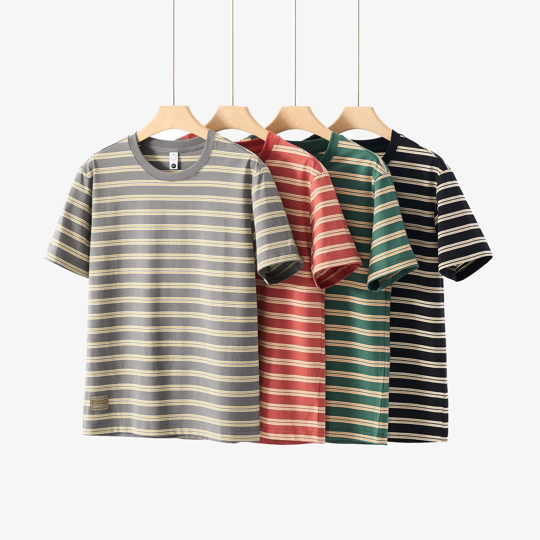 男士2025夏季新款短袖t恤男ins潮流韩版潮牌修身条纹半袖体恤上衣