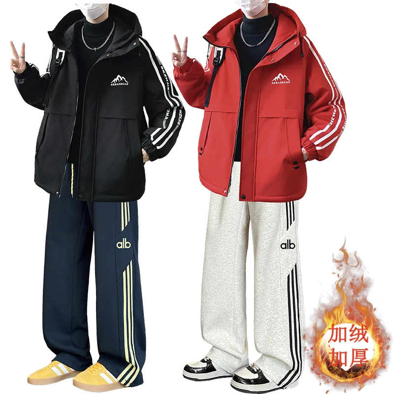 冬季加绒加厚棉衣套装男士两件套保暖棉服时尚潮流新款外套棉袄男