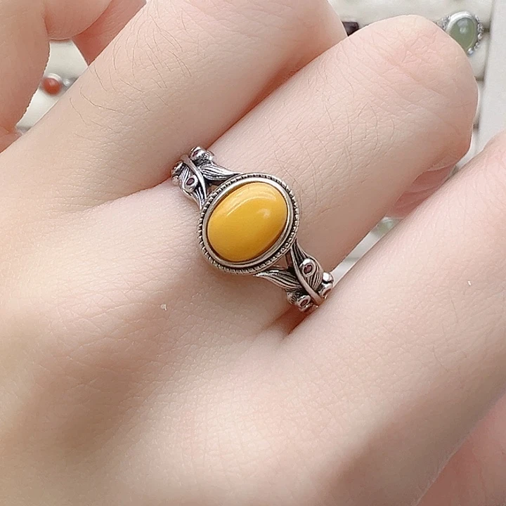 蜜蜡银S925镶嵌戒指