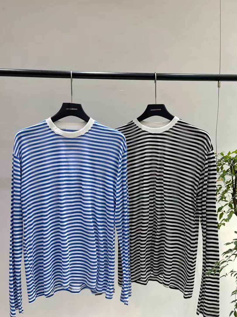 C21014 经典条纹薄款防晒衣T恤夏季宽松慵懒圆领休闲上衣