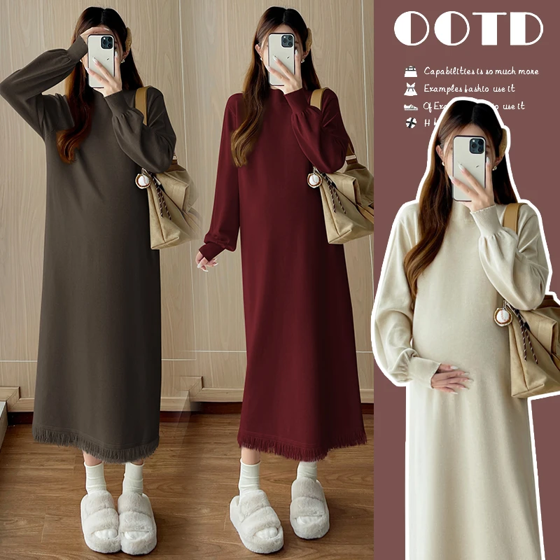 孕妇装秋冬流苏针织孕妇毛衣连衣裙半高领百搭孕妇装产后哺乳装