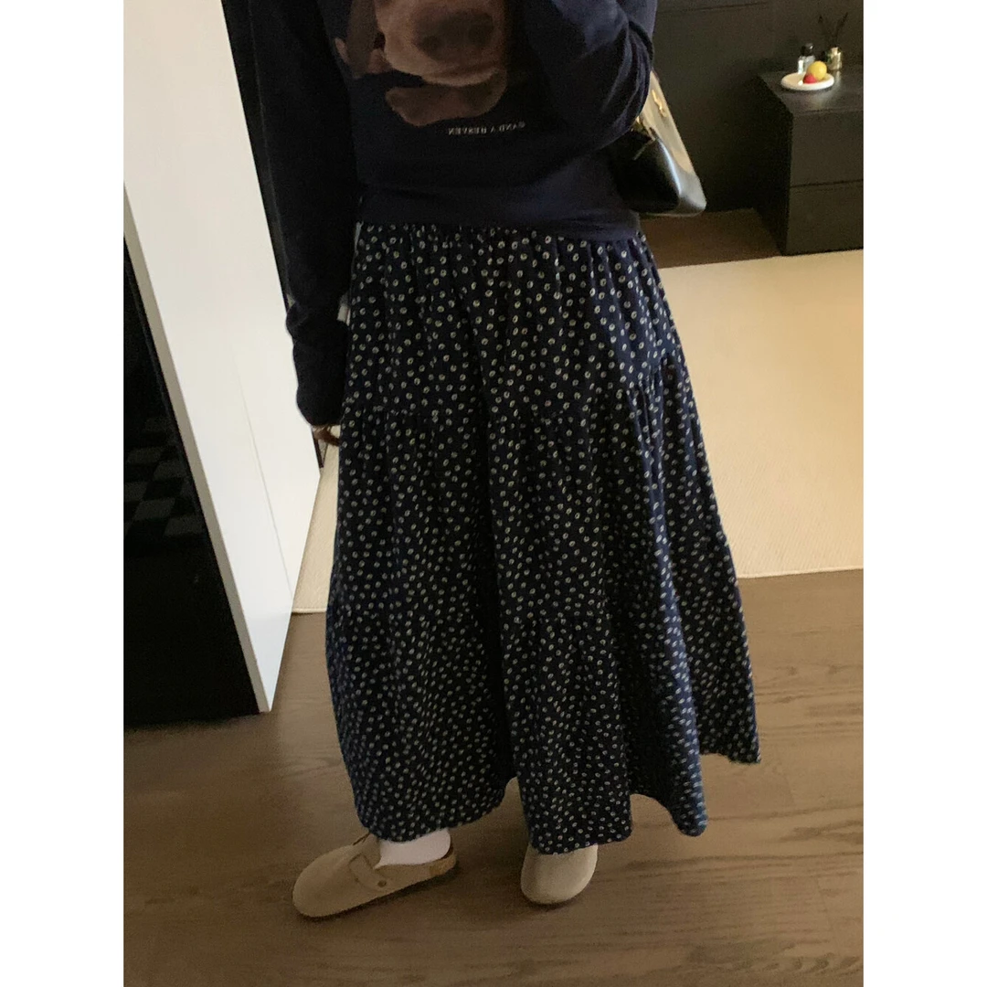 设计感黑色复古时尚百褶碎花秋冬半身裙子女高腰显瘦中长款A字裙