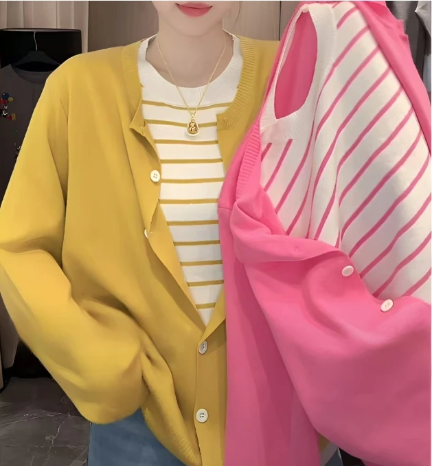 七七专属#509大码胖mm2025春秋新款设计感宽松假两件撞色圆领针织