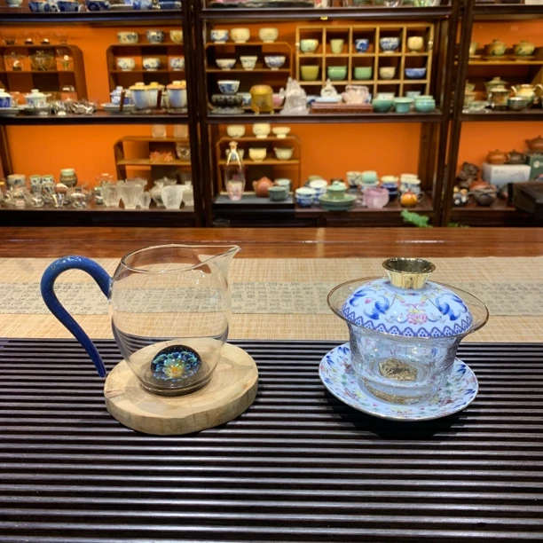 蓝色水晶盖碗分茶器高端套装纯手工