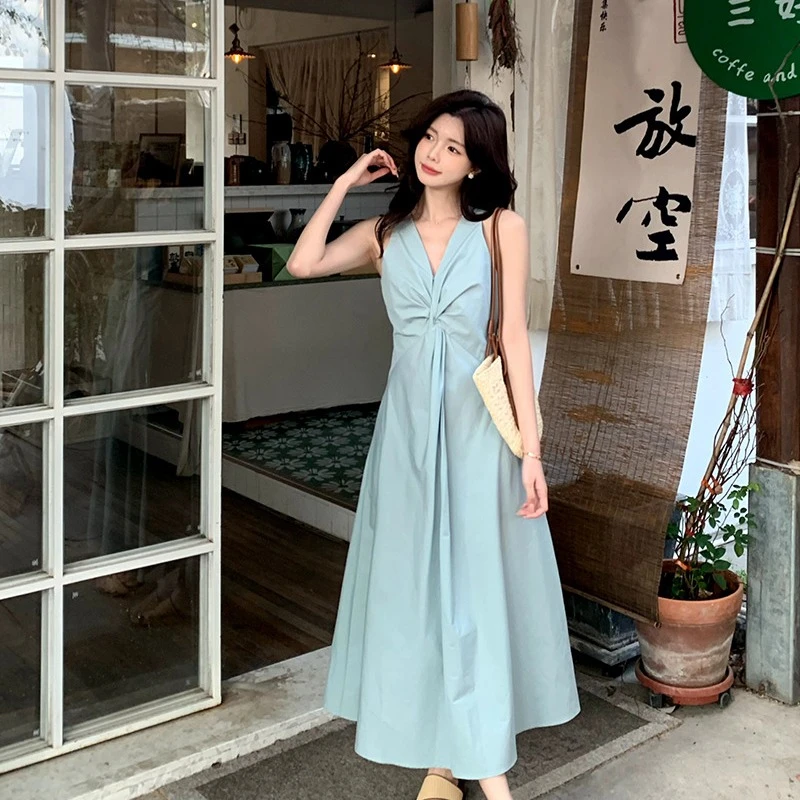 佐佐家小个子气质扭结v领无袖收腰连衣裙夏季女高腰显瘦a字长裙子