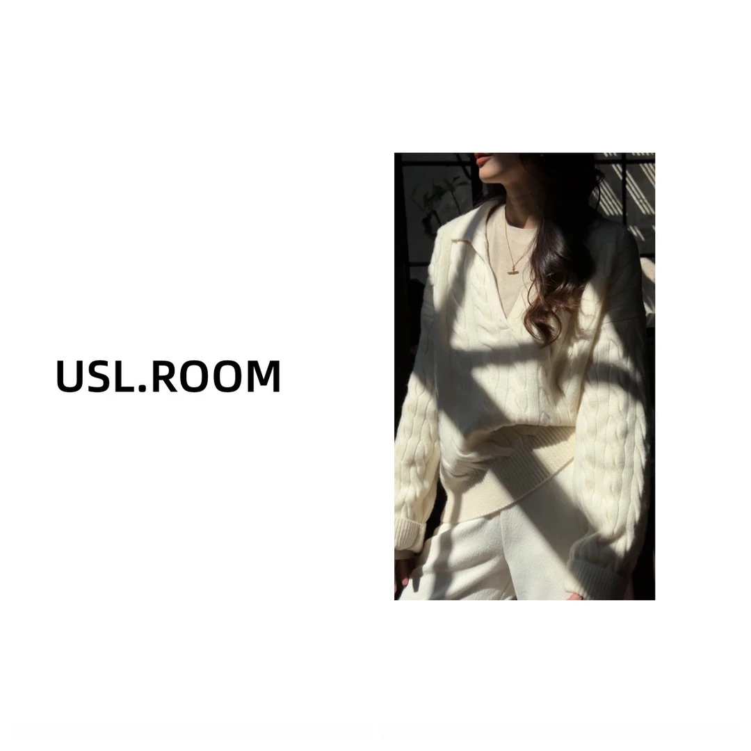 【一诺 STUDIO】 *云衫* 老钱风小V翻领极简落肩麻花毛衣毛织衫