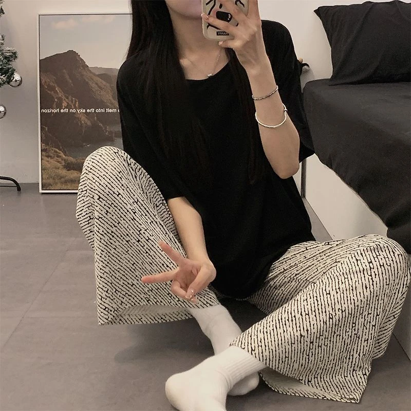 夏季2025新款睡衣女莫代尔棉短袖春夏天可外穿简约舒适家居服套装