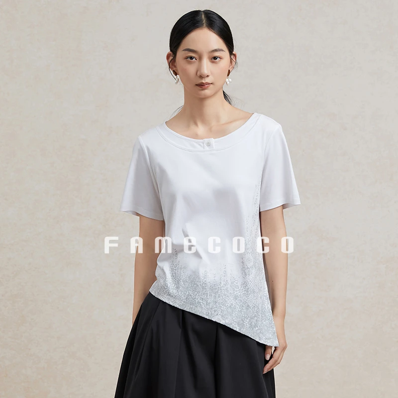 商场同款Famecoco范可儿不规则印花短袖宽松棉质T恤上衣FAC3BB002