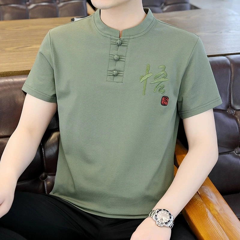 短袖t恤夏季立领男士2025新款中式国风禅悟冰丝半截袖唐装体恤衫