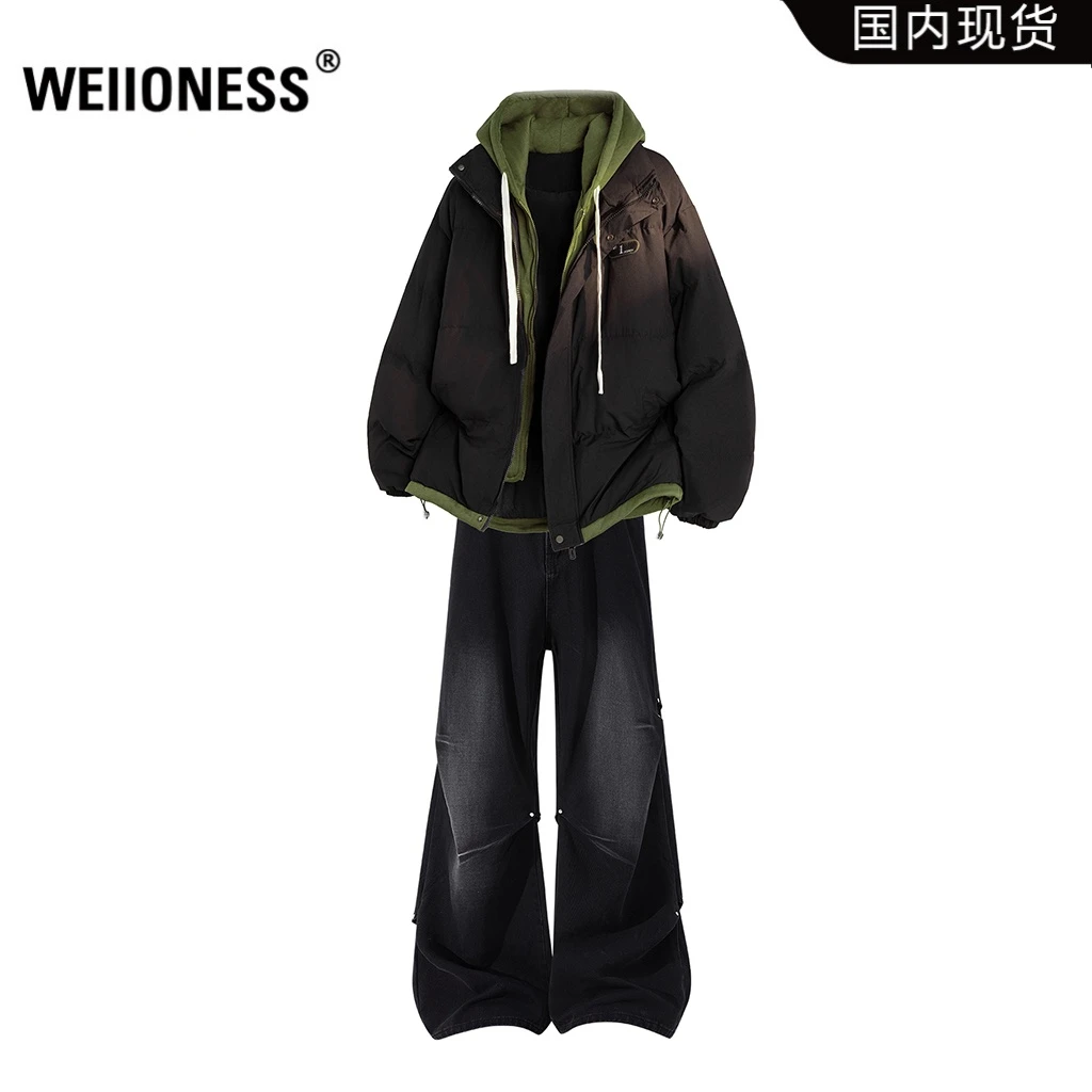 WEIIONESS假两件连帽棉服套装男冬季潮流设计感两件套高级感男装