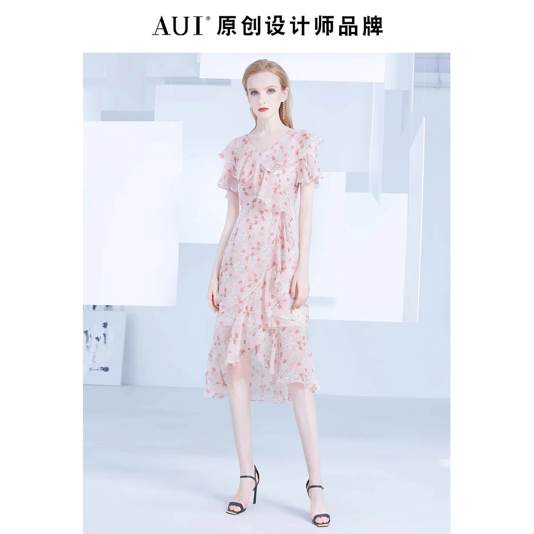 【8099】AUI粉色名媛碎花雪纺连衣裙显瘦荷叶边裙OL-21D018099