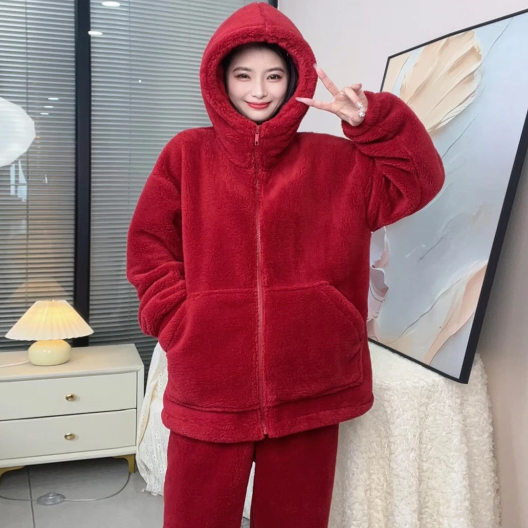 【锁温保暖】雪花绒女简约休闲连帽睡衣套装可外穿秋冬暖绒家居服