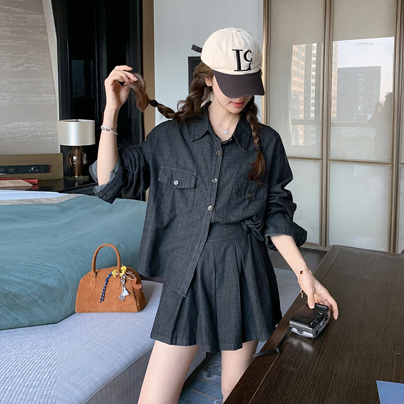 黑色学院风牛仔套装裙女2025春季新款单排扣衬衫百褶半身裙两件套