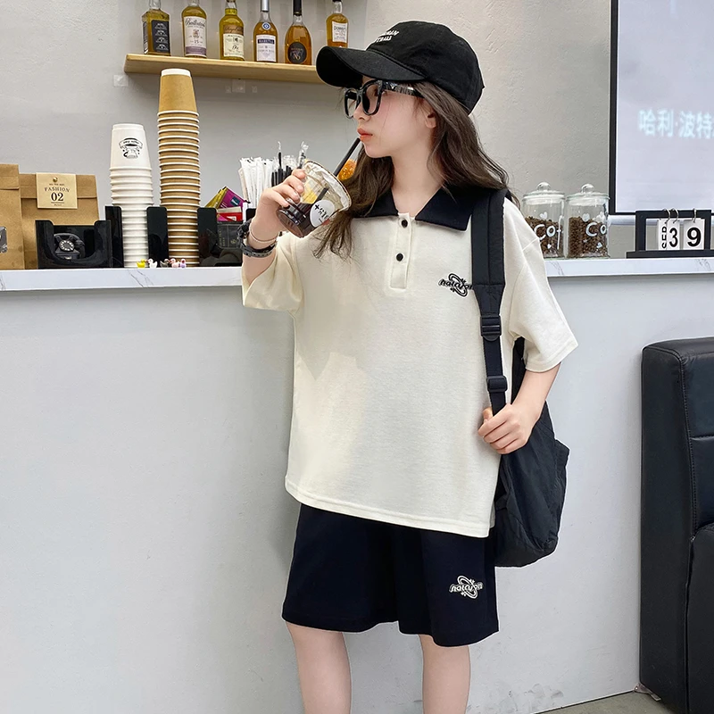 女童夏装套装2025新款中大童韩范休闲polo衫短袖短裤学院风两件套