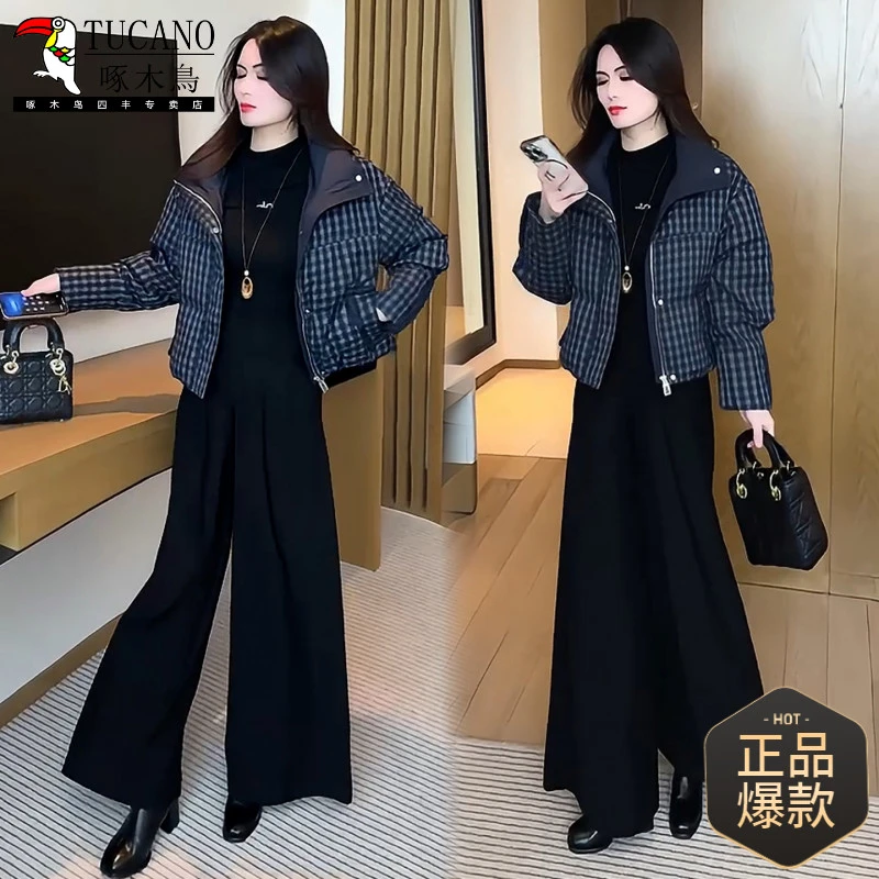 时尚格子短款棉服女2025冬季新款洋气立领显瘦面包服洋气棉袄外套