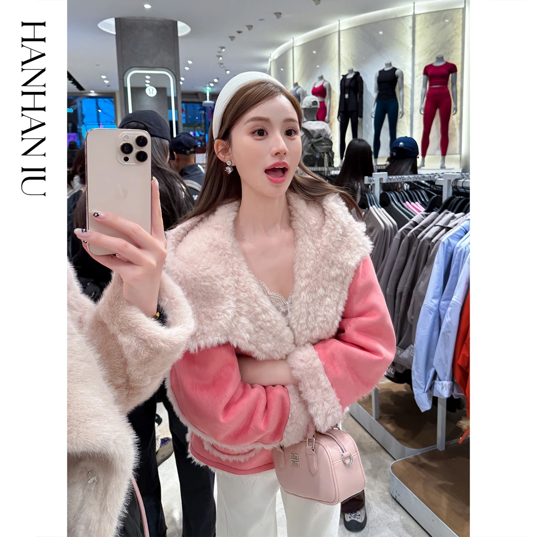 韩韩IU【似水玫瑰】高定含羊毛休闲百搭女士秋冬短款麂皮绒连帽外套