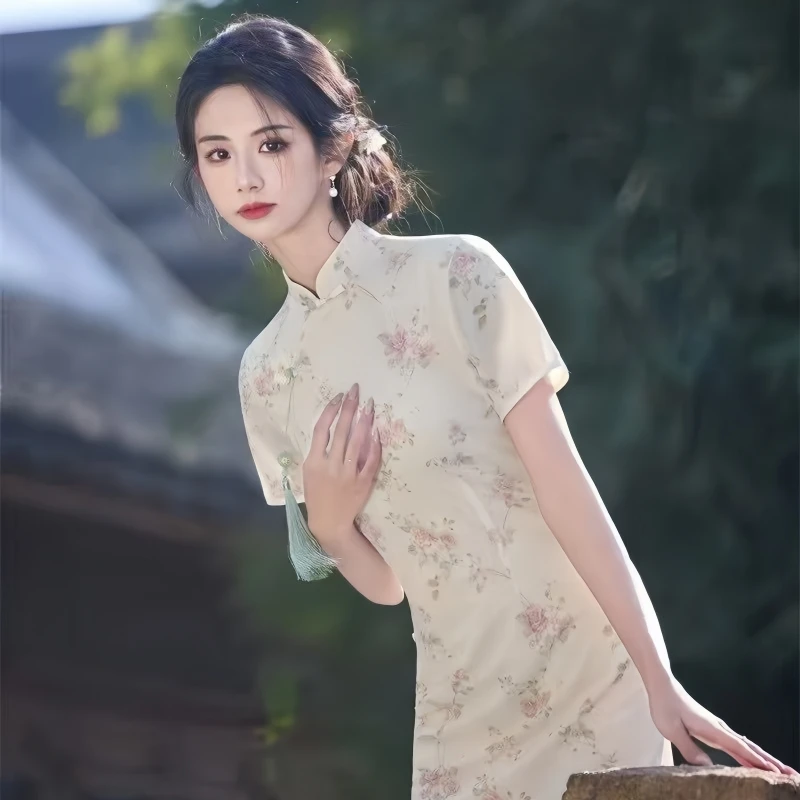 优雅新中式中国风短袖旗袍印花白色气质显瘦碎花春夏少女时尚