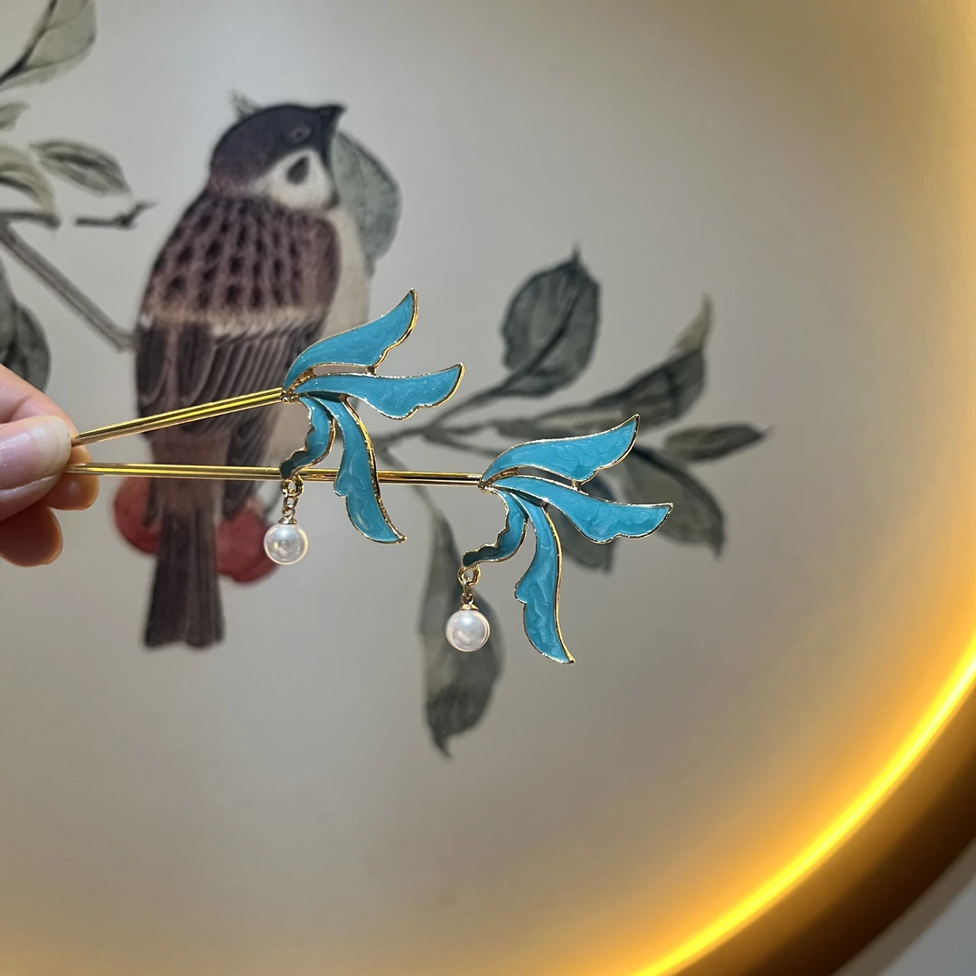 汉服烧蓝四叶狐尾兰花发簪古风新中式饰品古典头饰