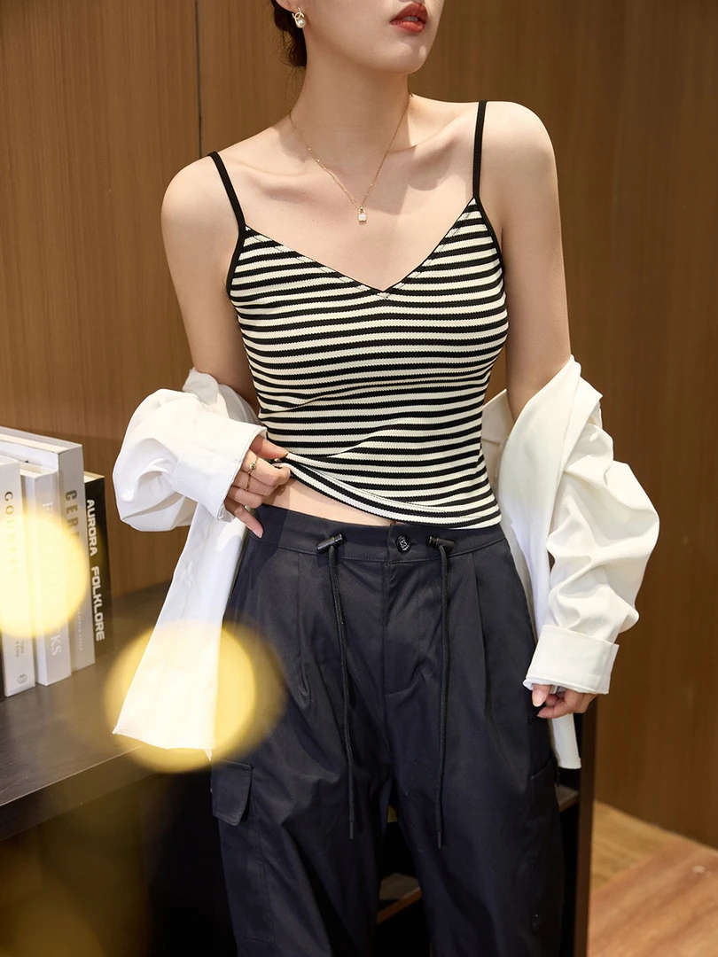 甄选纯棉条纹吊带背心女夏2025新款V领性感露背辣妹内搭外穿无袖