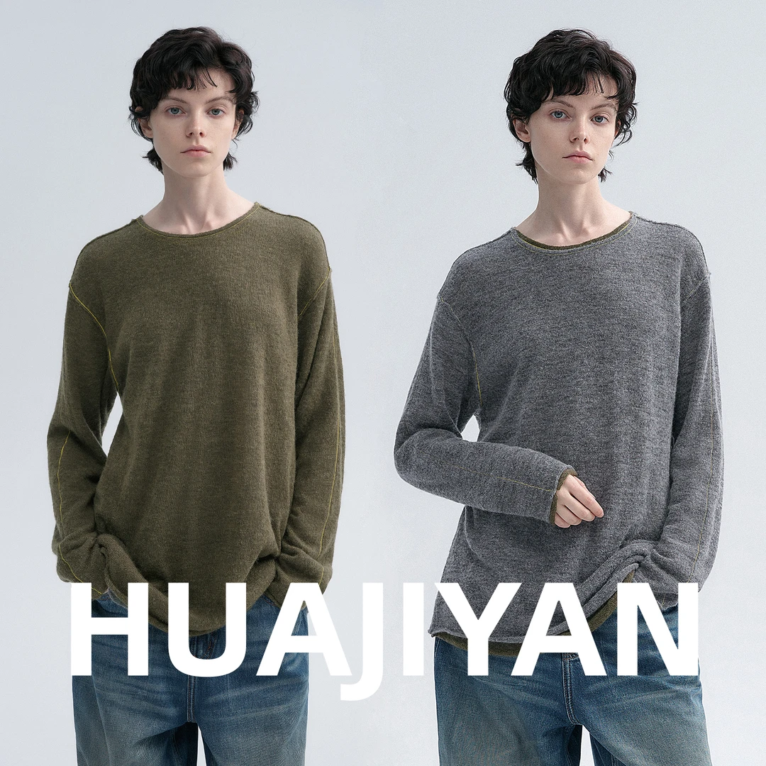 华吉言/HUAJIYAN【绿境】羊驼毛羊毛混纺两穿撞色缝线长袖上衣
