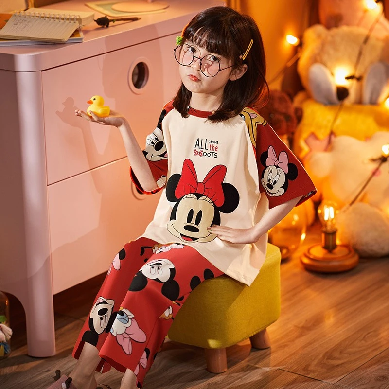 儿童睡衣女童新款秋季潮款薄款短袖长裤纯棉三件套女孩大童家居服