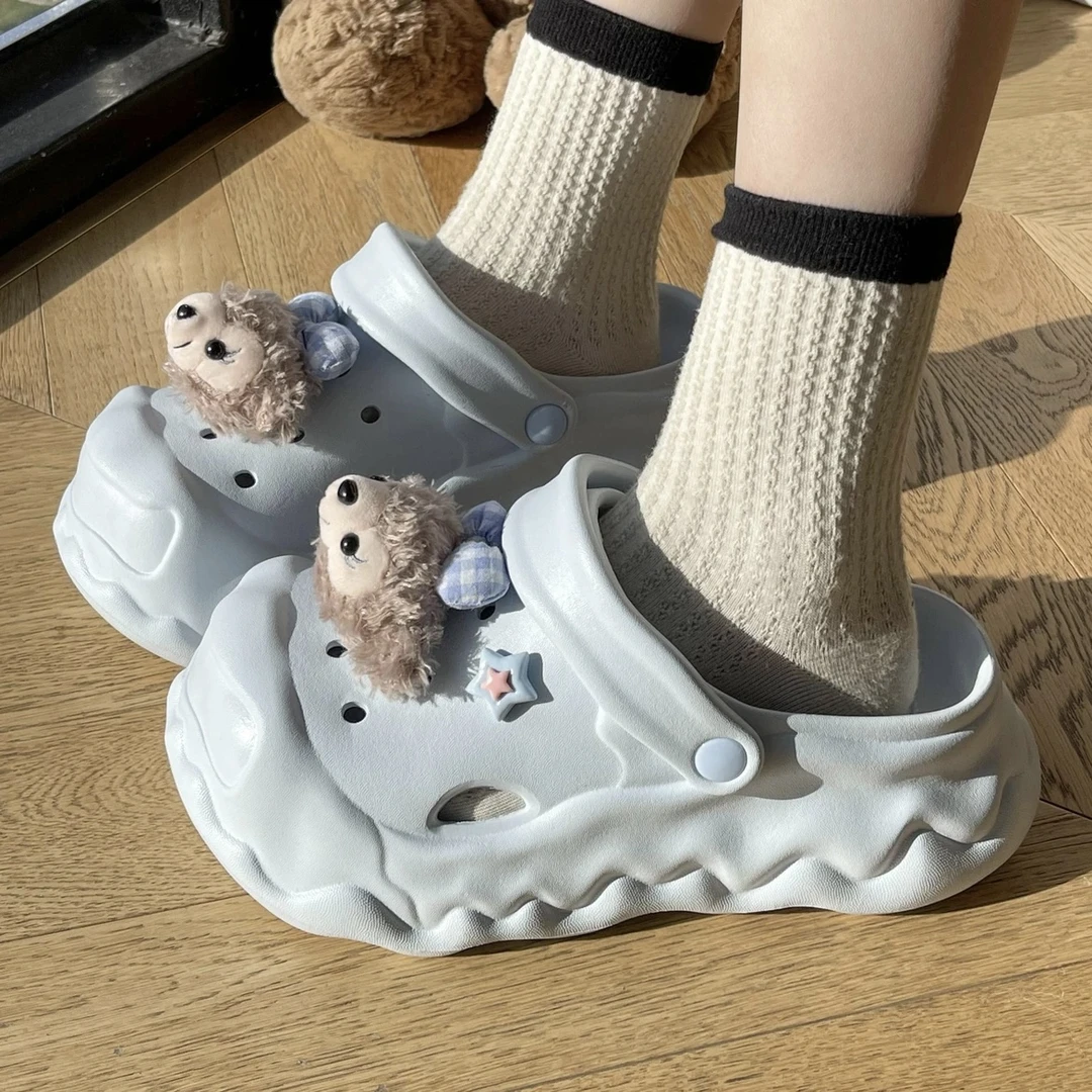 新款夏季洞洞鞋可爱卡通雪莉玫包头两穿百搭防滑开口笑凉拖鞋厚底