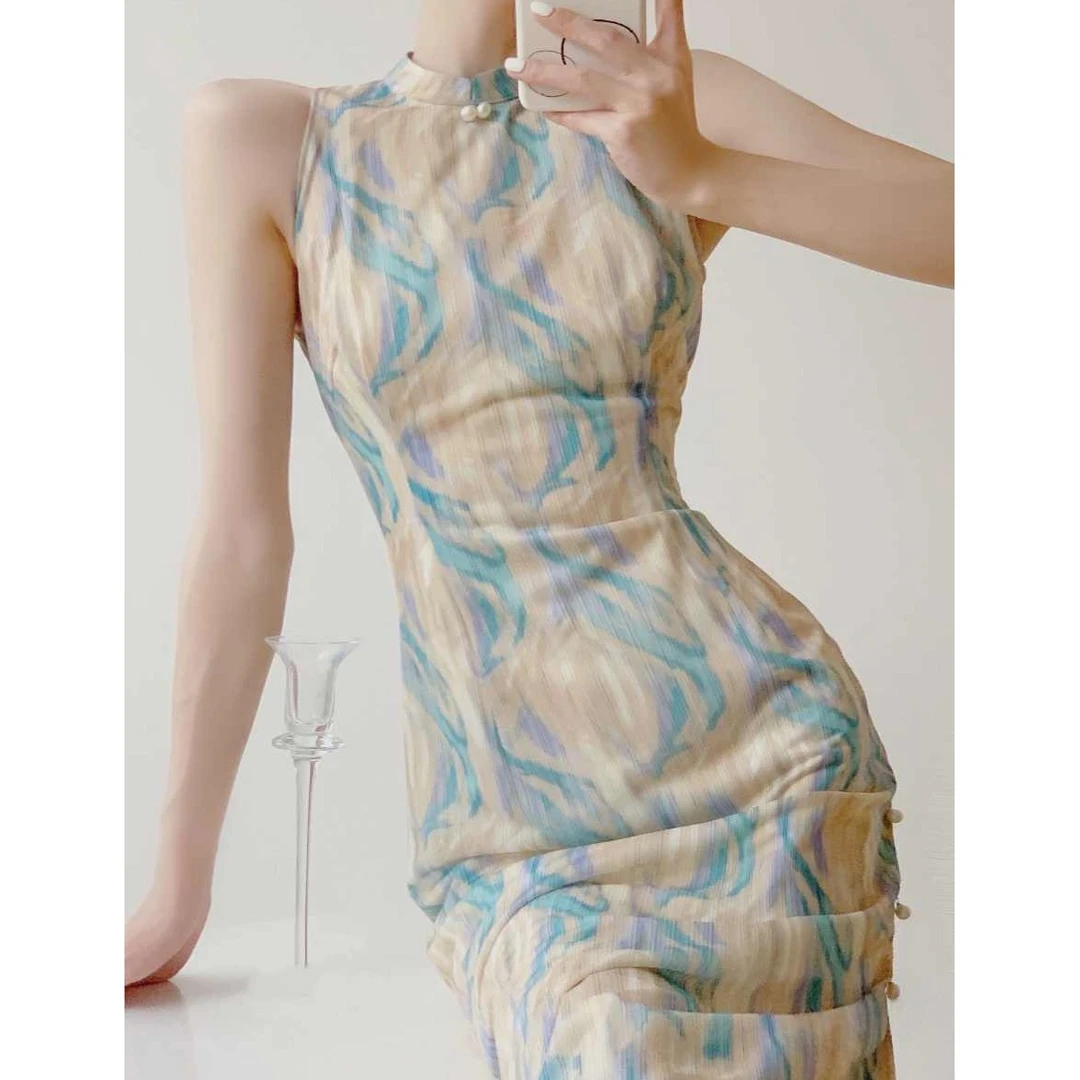 【9781】油画晕染新中式连衣裙侧开叉露肩改良款无袖少女旗袍裙