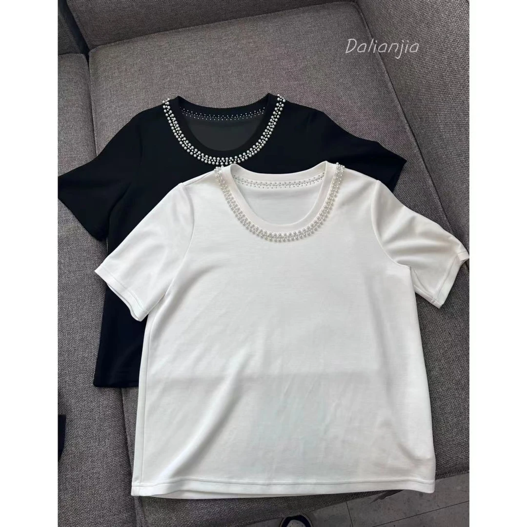 晶咕【梦境】领口钉珠法式气质短袖上衣显瘦休闲时尚百搭