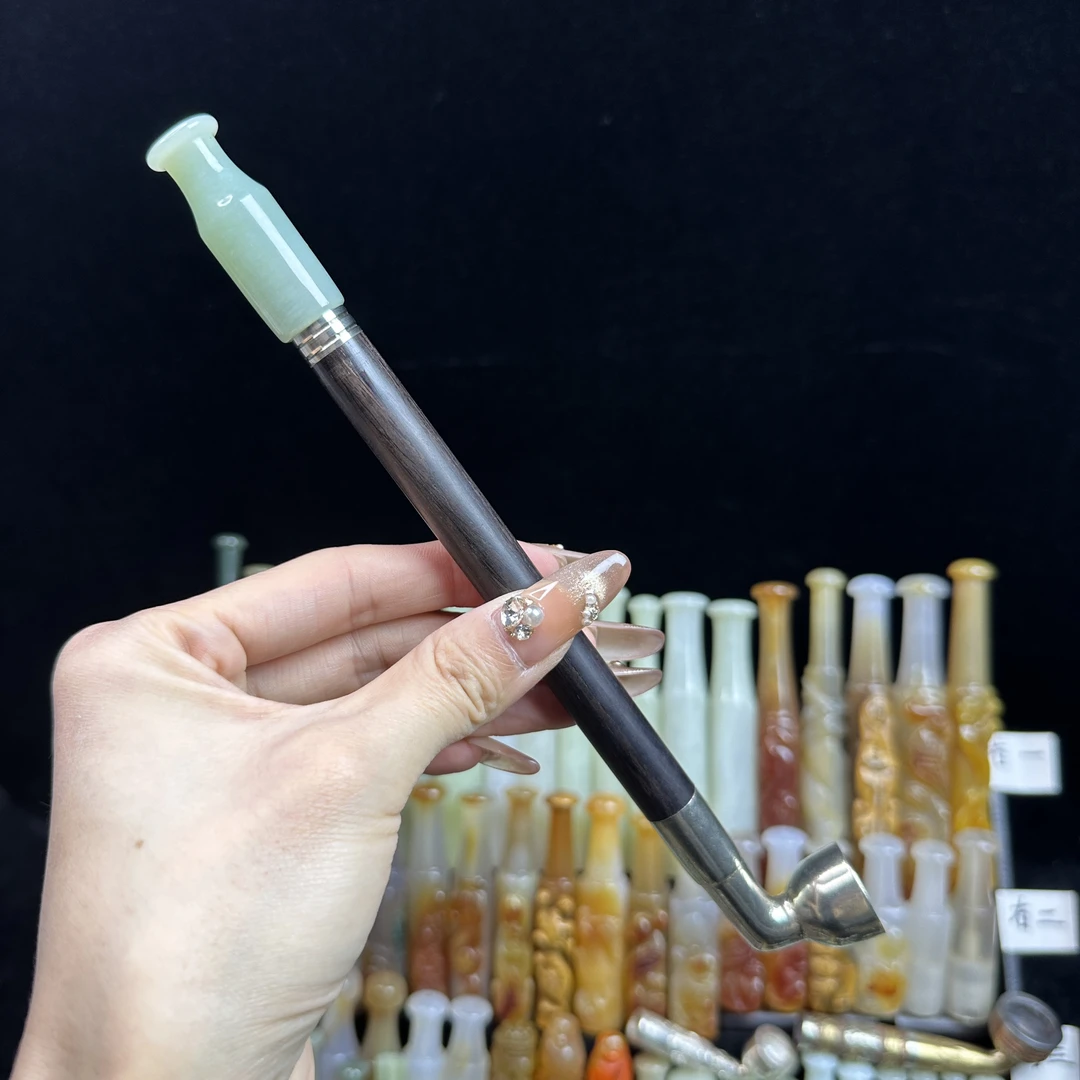 传统旱烟袋罗汉嘴 乌木紫光檀杆 白铜锅内径1.6公分 总长22公分